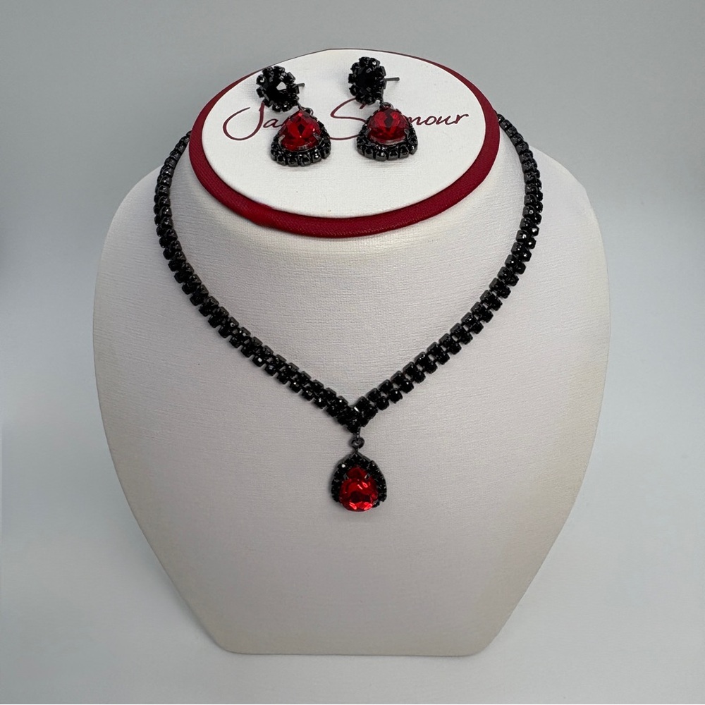 Red And Black Crystal Lariat Tennis Necklace And Earrings Set